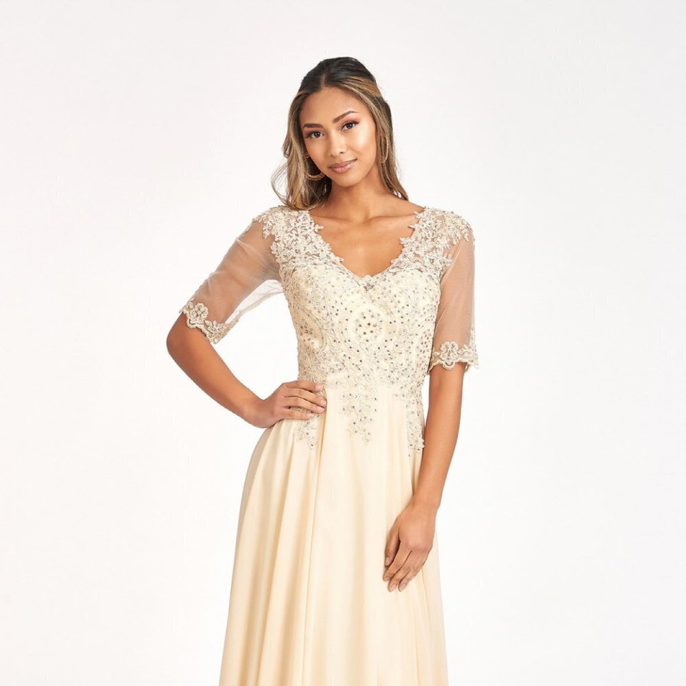 NEW LONG A-LINE CHIFFON EMBROIDERED DRESS WITH ZIPPER BACK & 3\4 SLEEVES GL1982